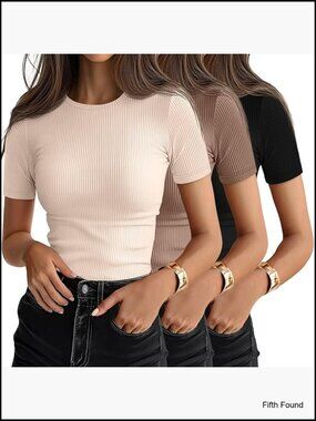 3 Pack Women's Ribbed T-Shirts Cotton Short Sleeve Crewneck Fitted Tees